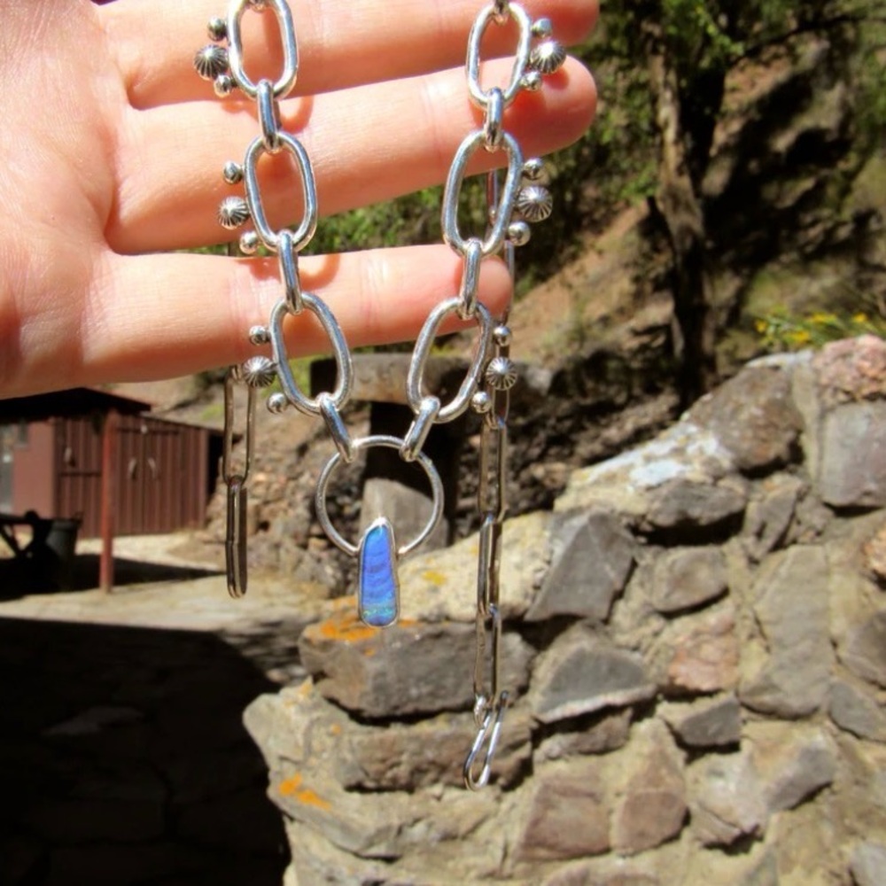 Handmade Opal and Sterling Silver Paperclip Necklace - Picture 4 of 9